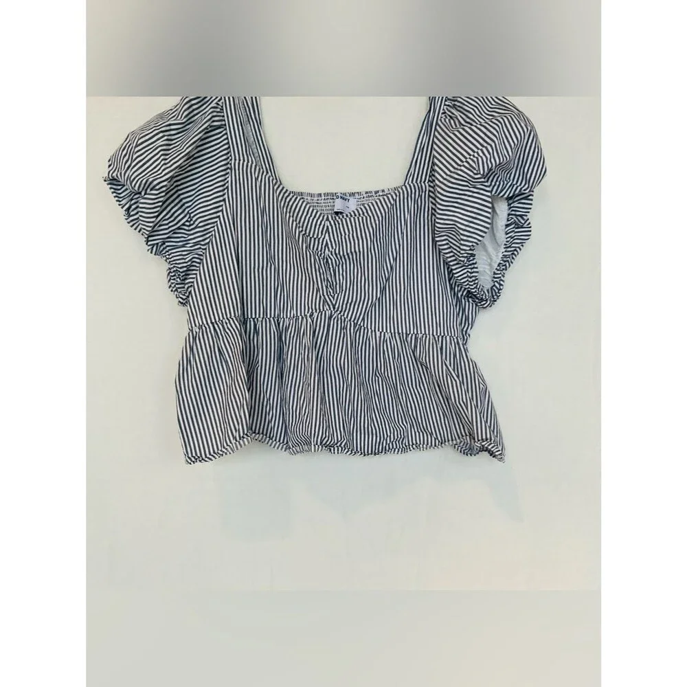 Old Navy Coastal Puff Sleeve Peplum Top XXL Cotton Striped Blue White Smocked